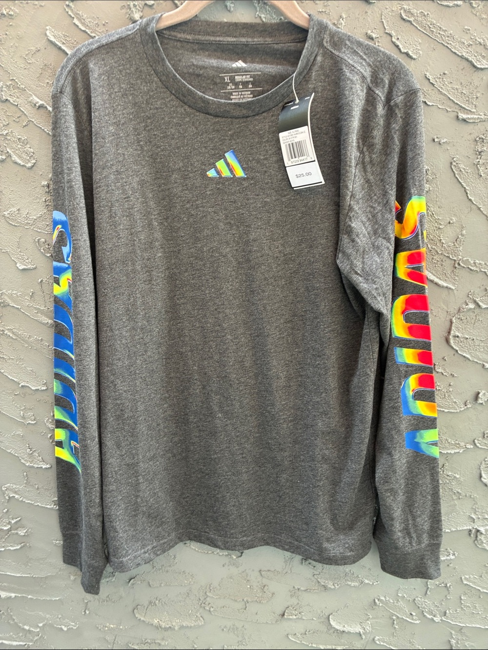 adidas Big Boys Dark Gray Long-Sleeve Tee with Multicolor Sleeve Logos XL NWT
